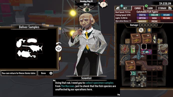 The player transfers fish samples from their hold to a scientist in Dredge's The Iron Rig DLC
