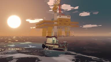 A ship sails toward an iron rig at sunrise in Dredge's The Iron Rig DLC.