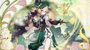 Splash art of Emilie from Genshin Impact on a blurred background of Emilie's character card.