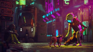 An image from the game Stray. A humanoid robot is petting a cat.